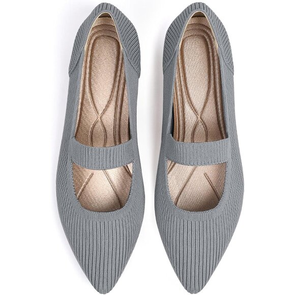 Shoes - Women's Grey Flats Shoes Pointed Toe Knit Washable Ballet Comfortable Flat